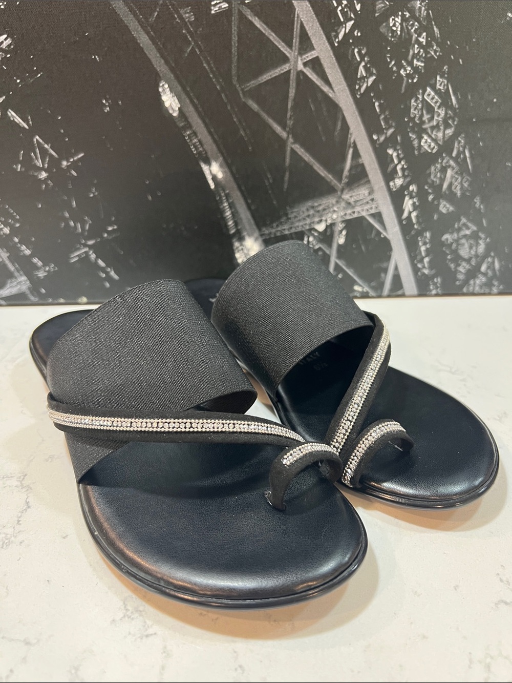 Toscanella black slide on sandals with faux diamond accents size 6.5